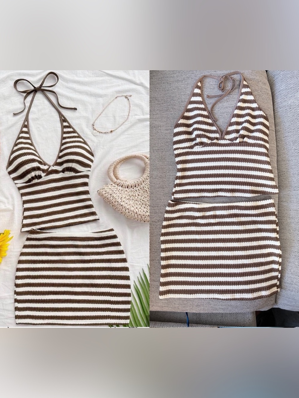 Striped Knit Halter Tank and Skirt Set - Brown & Cream